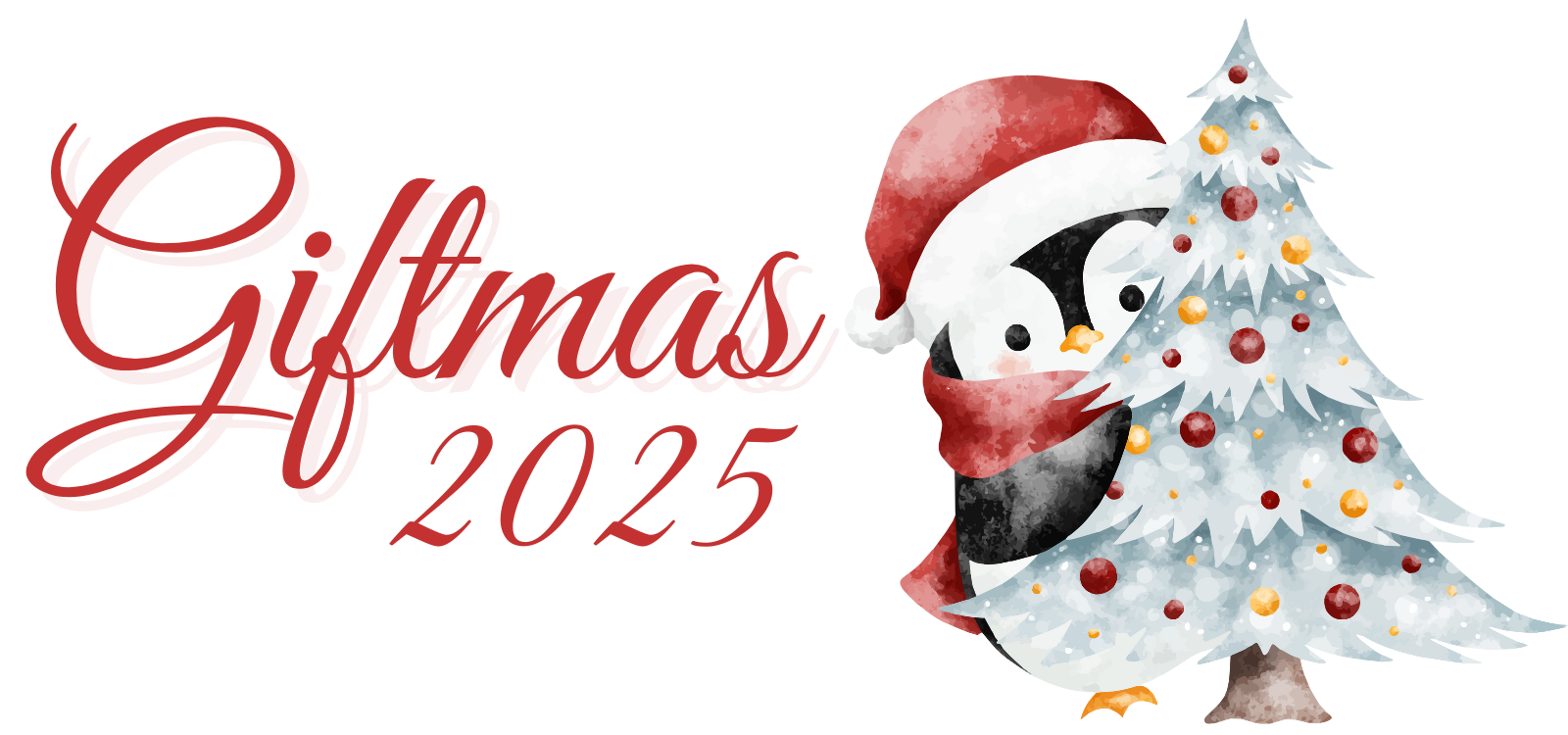 Giftmas 2025 Giftmas 2025 - a watercolour penguin with a red santa hat decorates a white coniferous tree with coloured balls