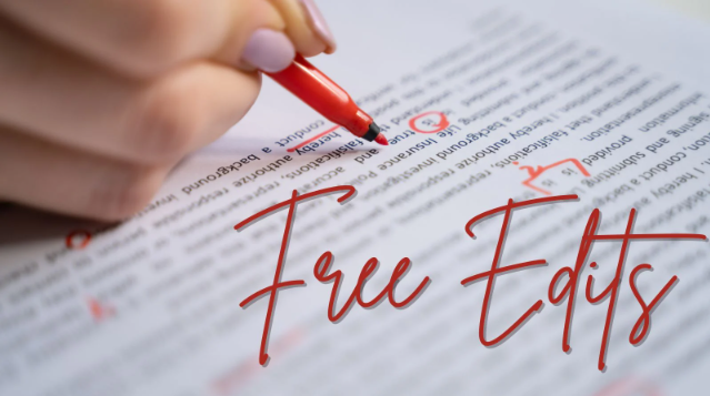 The words Free Edits appear over a blurred image of a hand wielding a red pen marking up a typewritten page